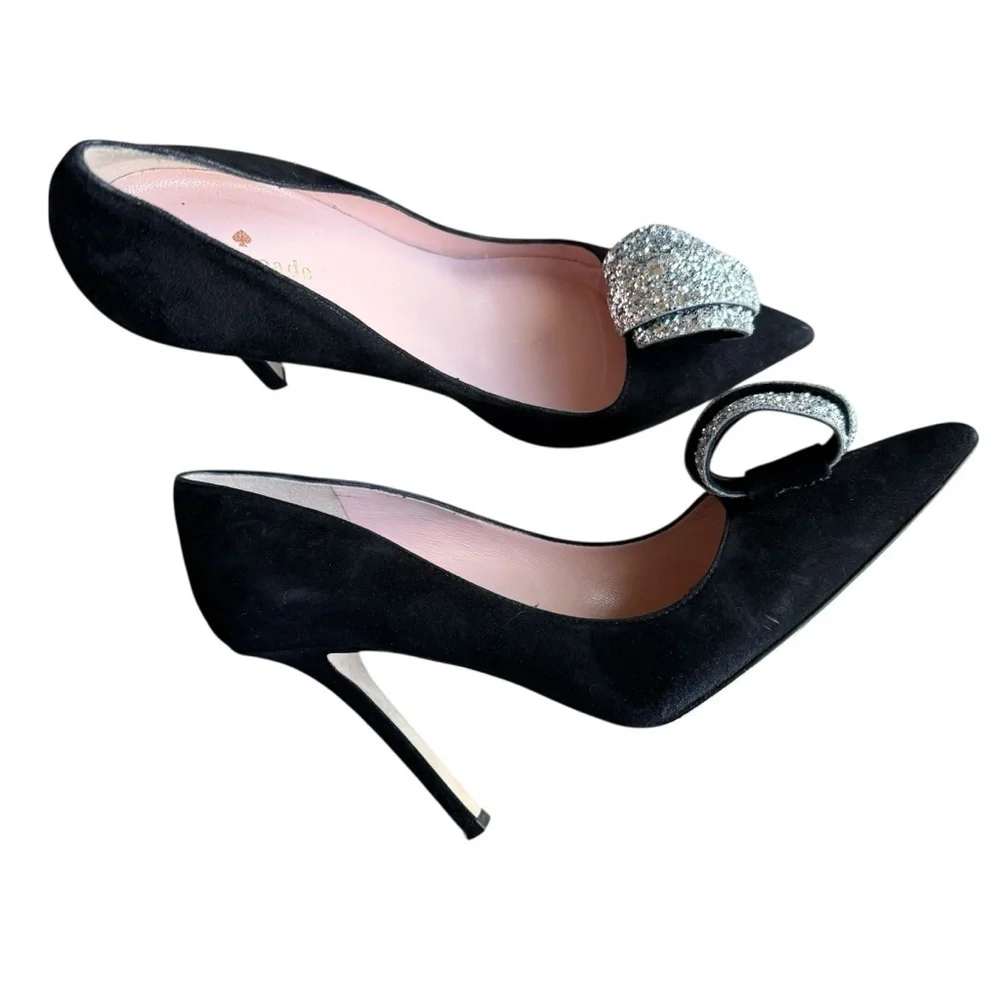 Kate Spade - Black Suede Pointed Toe Pumps Crystal Bow Heels Size 8
